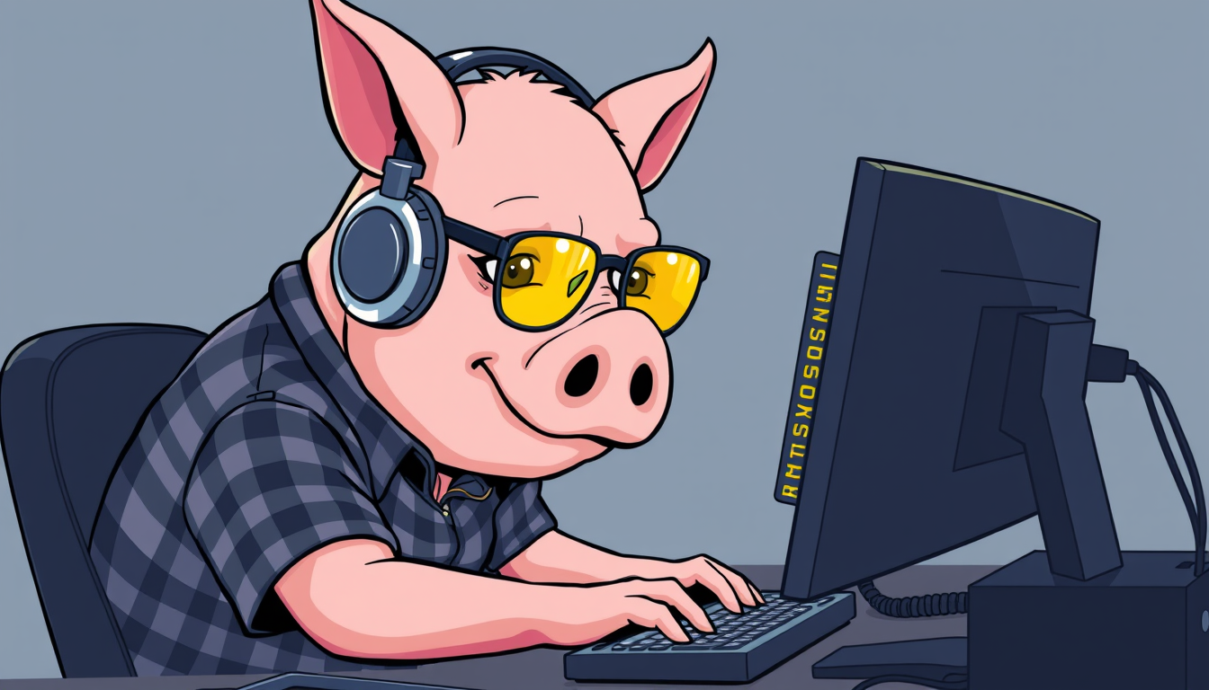 A tech-savvy pig coder, wearing yellow-tinted glasses and sleek noise-cancelling headphones, hunches over a cutting-edge multi-monitor setup. The anthropomorphic pig exudes focus, typing furiously in a plaid t-shirt.