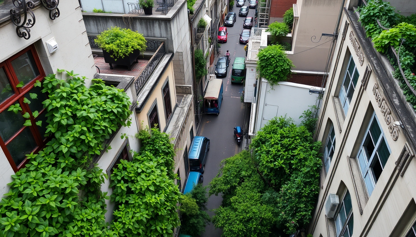 A high-angle shot of a bustling city street, lush green plants spilling from windows and rooftops, creating a vibrant contrast against concrete structures.