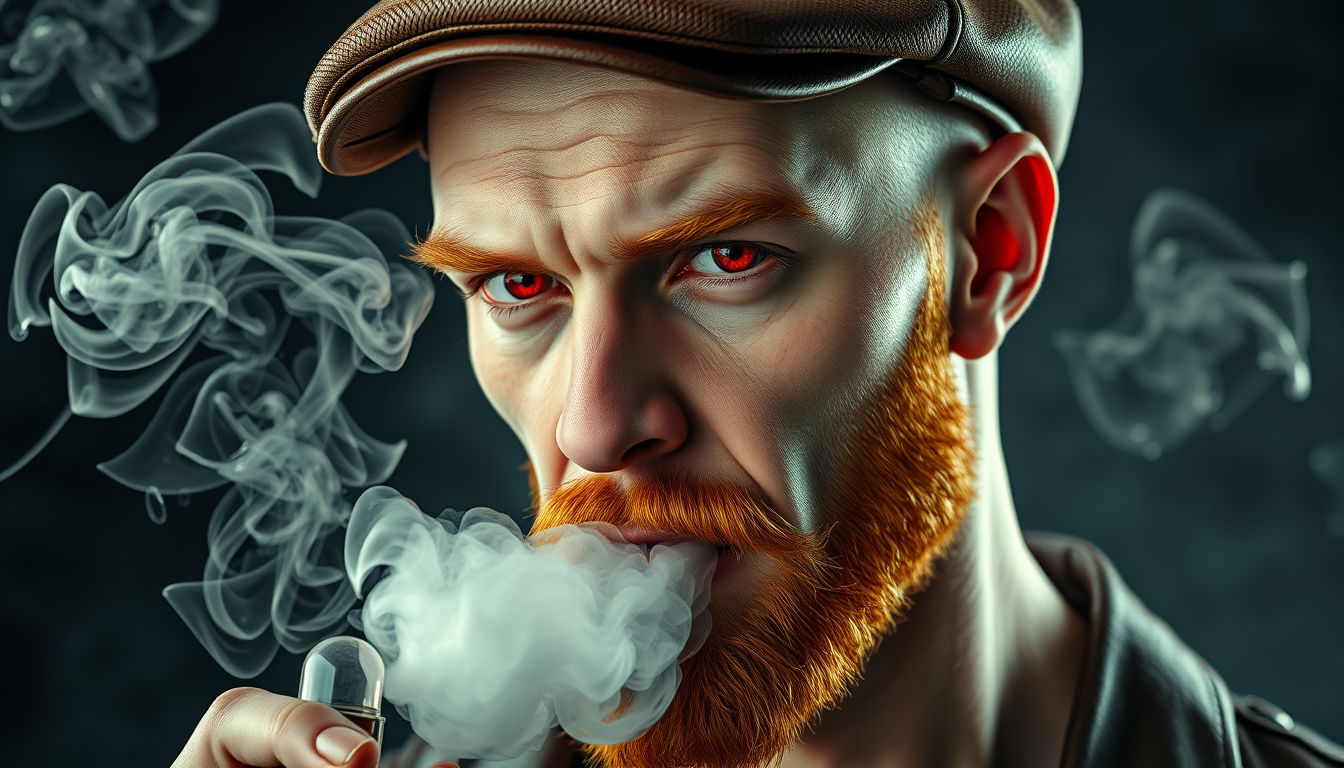 Hyper-realistic three-quarter portrait of a demonized white male, bald with meticulously detailed ginger stubble, donning a worn leather flatcap. Piercing red eyes gleam as he exhales dense, swirling vapor clouds from an intricately designed chrome vapemod. Iridescent e-liquid droplets suspended mid-air.