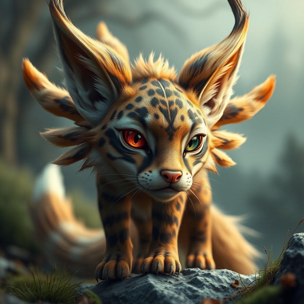 "Ultra-realistic scene: there's a mythical beast that looks like a wildcat, with only one eye, four ears, and three fox tails. In ultra-detailed 16K resolution." - Image