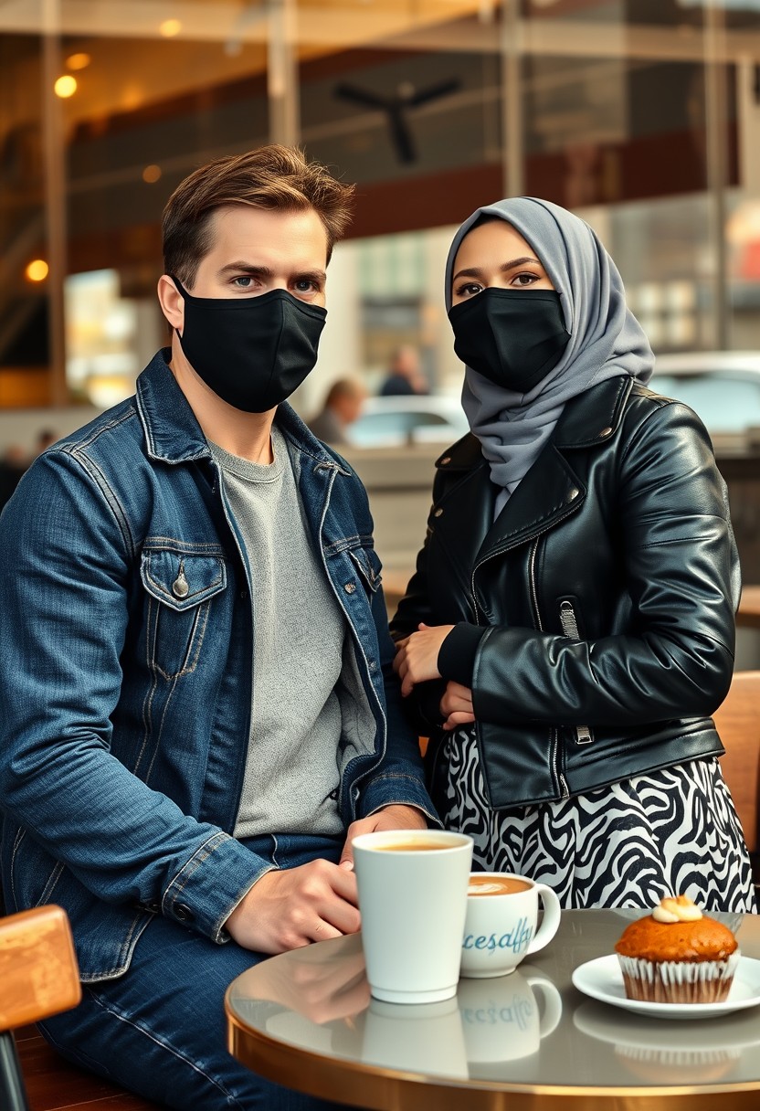 Jamie Dornan's head and body shot, handsome, black face mask, blue jeans jacket, jeans, dating a beautiful Muslim girl in a grey hijab with beautiful eyes, black face mask, black leather jacket, wearing the largest zebra pattern skirt, at a cafe, with 2 cups of latte and a muffin cake on a table, photorealistic, hyper-realistic, street photography, selfie. - Image