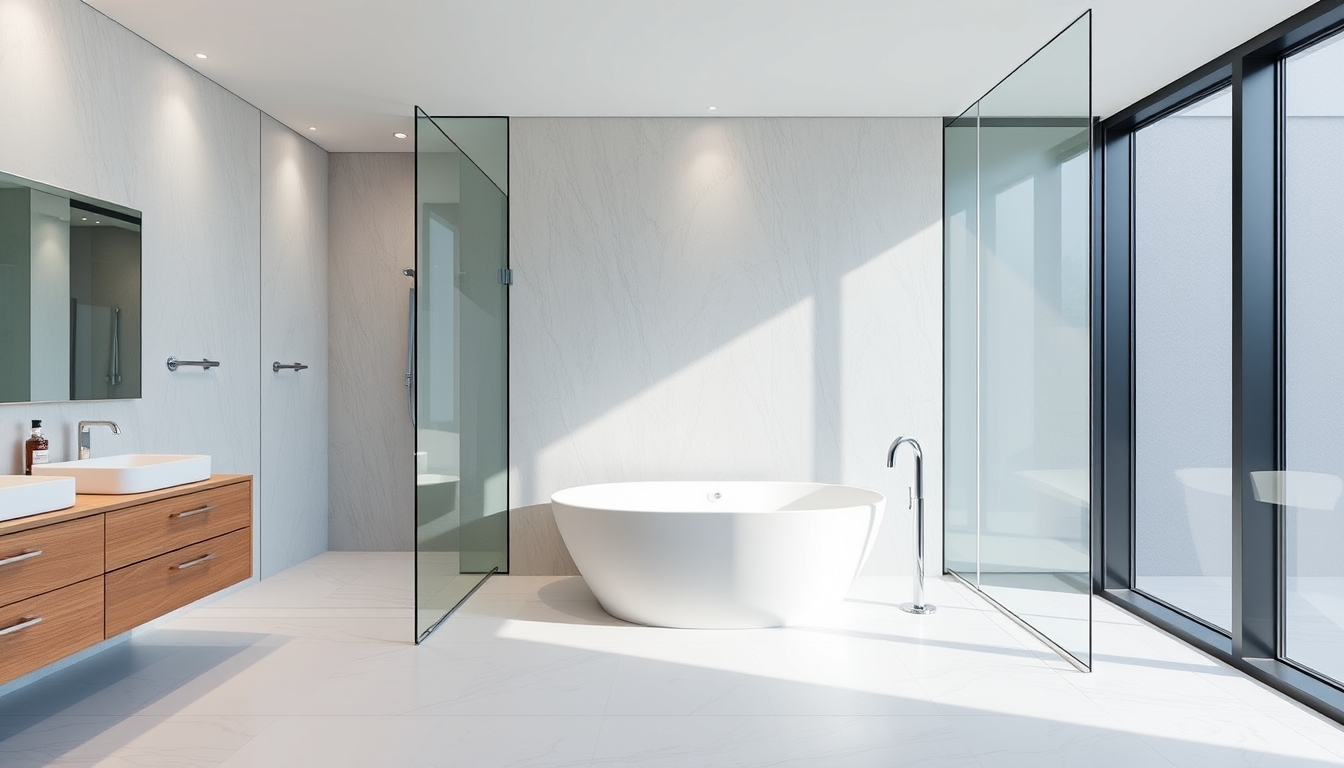 A sleek modern bathroom with glass walls and a luxurious soaking tub. - Image