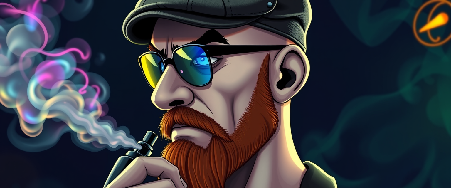 Three-quarter view of a sinister, bald cartoon human male with demonic features. Short ginger beard contrasts with dark eyebrows. Wears a weathered flatcap and reflective aviator glasses. Clutches a sleek vapemod, exhaling dense, swirling vapor clouds. Vibrant, e-liquid drips off his pale skin, creating a colorful aura. Hyper-realistic, high detailed, photographic, ultra real. - Image