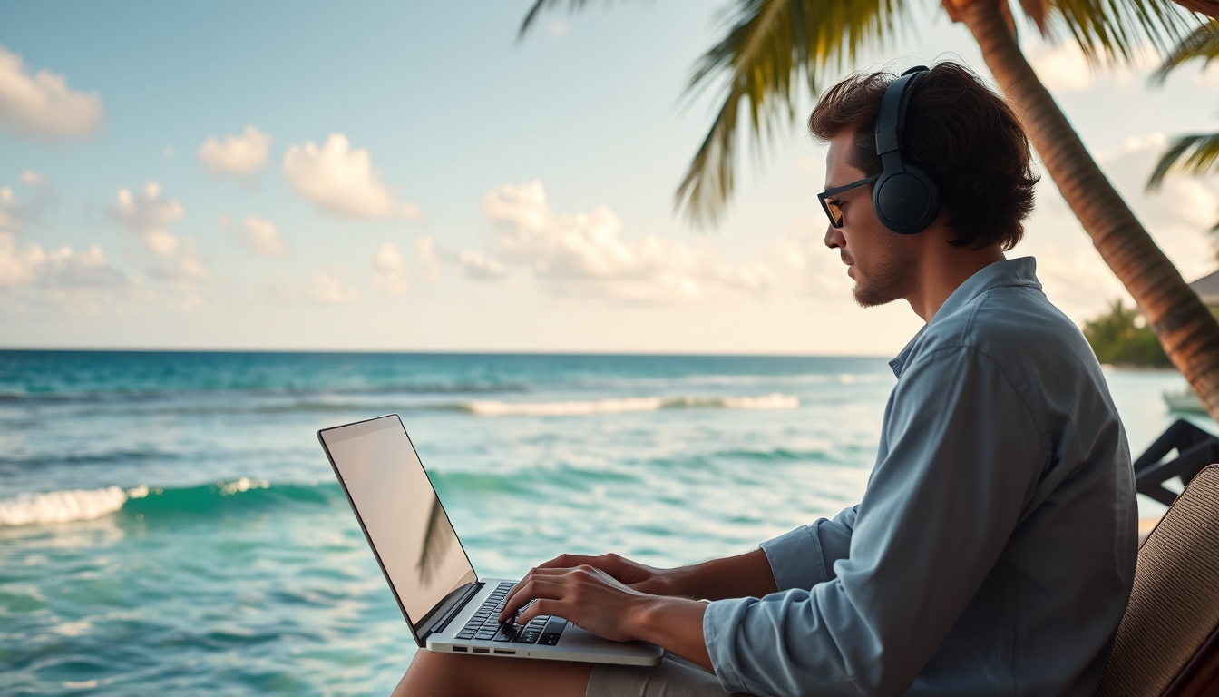 A digital artist working on a laptop in a tropical location, with the ocean in the background, emphasizing the freedom of remote work.