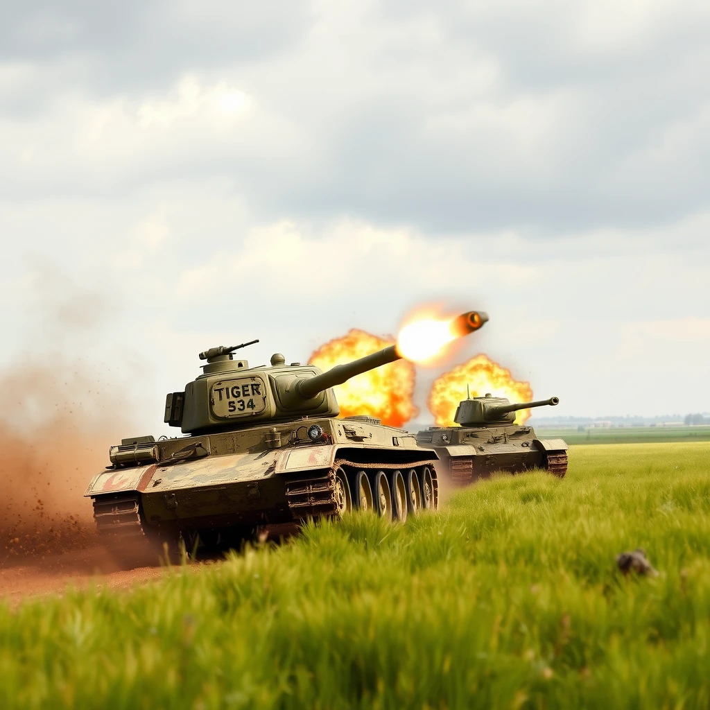 "World War II, Tiger 1 tank destroying Russian T-34 tank on the plains." - Image