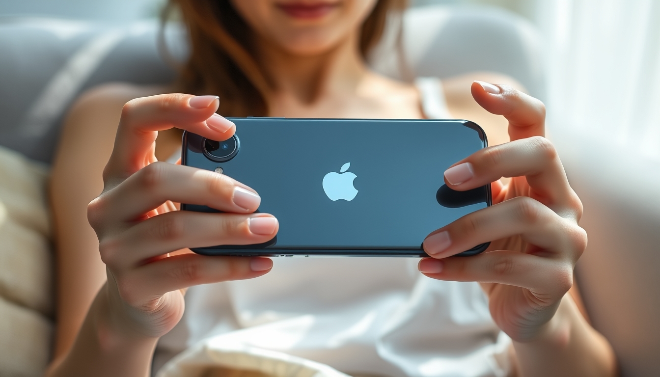 She is playing mobile games on the sofa with her iPhone 15 in both hands. Her fingers are slender and her skin is fair and translucent. The sun shines on her hands and the back of the iPhone 15 from the window. A close-up of the iPhone 15 is held in both hands. No face needs to be shown.