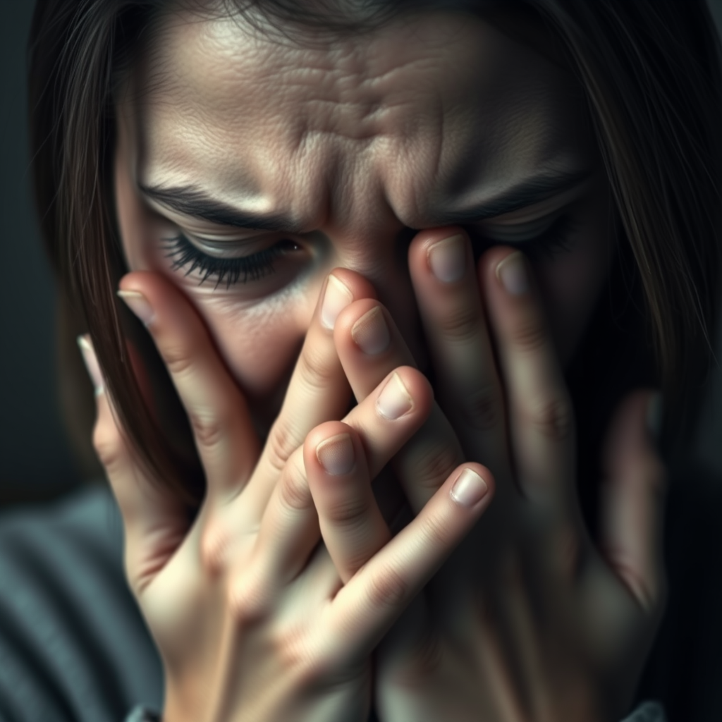 Realistic close-up portrait of a sorrowful woman covering her face with both hands, her fingers slightly tense, tears visible between her fingers, soft diffused lighting that gently illuminates her hands and the outline of her face, 4K ultra-high definition, monochromatic color palette with subtle variations of grey and pale skin tones to emphasize the somber mood, Canon EOS R5, 85mm, f2.0, shallow depth of field with a blurred background to maintain focus on her emotional expression. - Image