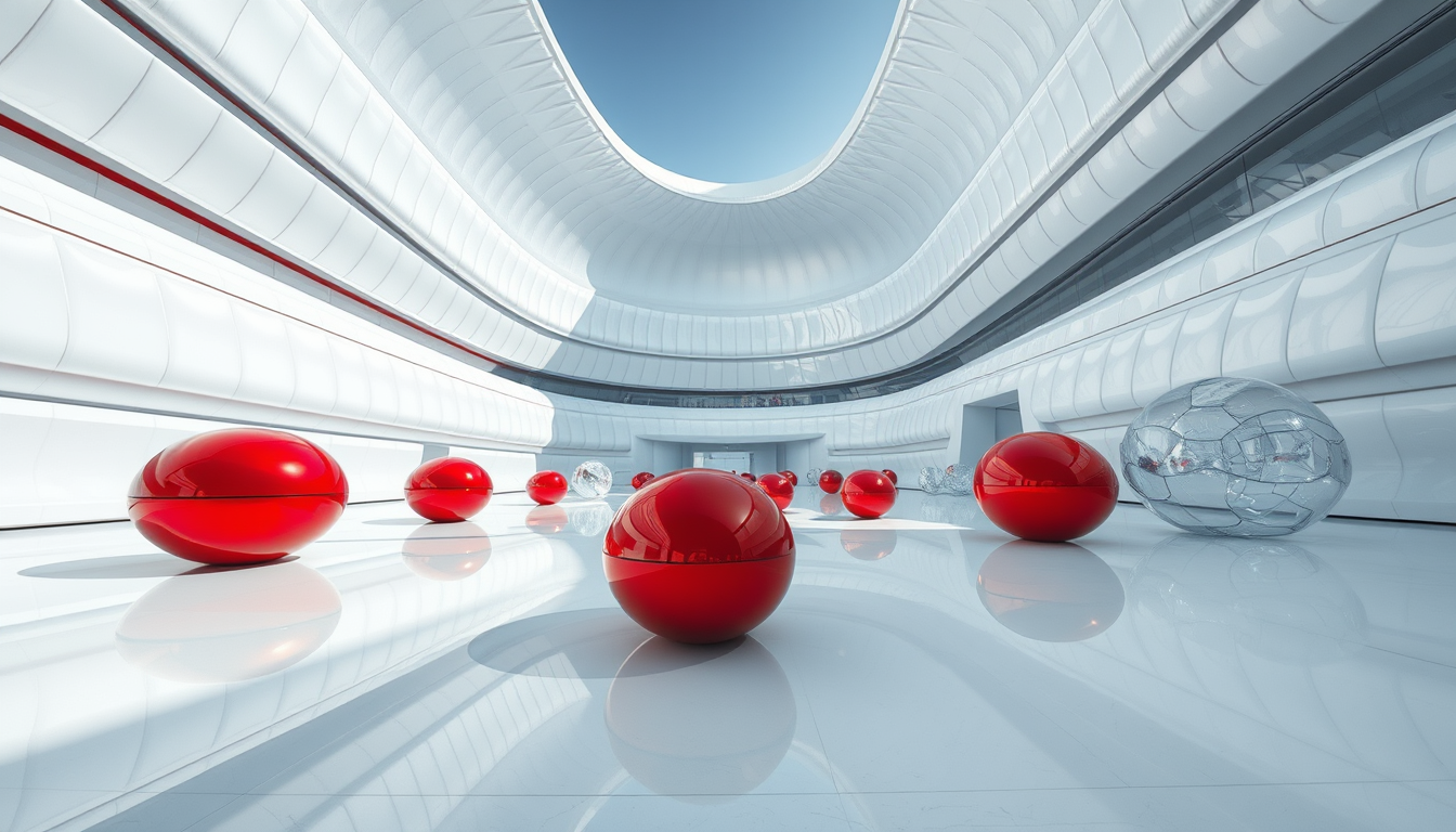 An eye-level, wide-angle shot of a futuristic and abstract architectural square that features horizontally and vertically curved structures covered in white metallic reflective material. There are a few spherical red objects with reflective, metallic surfaces that resemble large, smooth capsules. These objects are positioned on a sleek, ultra-white shiny floor that reflects their surfaces. There are also many transparent glass sculptures. The focus is the sleek horizontally and vertically curved architecture covered in white metallic reflective material. The mood is serene and cool, bursting with futuristic creativity.