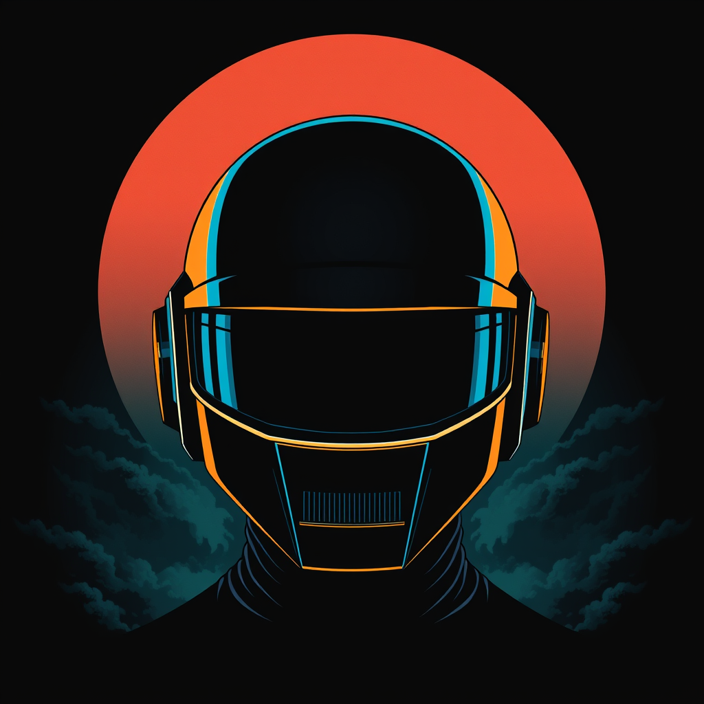 Daft Punk helmet in vector art style for a poster or T-shirt, featuring a large sun-like circle in the background, layered with dark grey clouds and tetradic color. The design includes black canvas, dark teal accents, and a sinister atmosphere, reminiscent of album art and CD cover artwork.