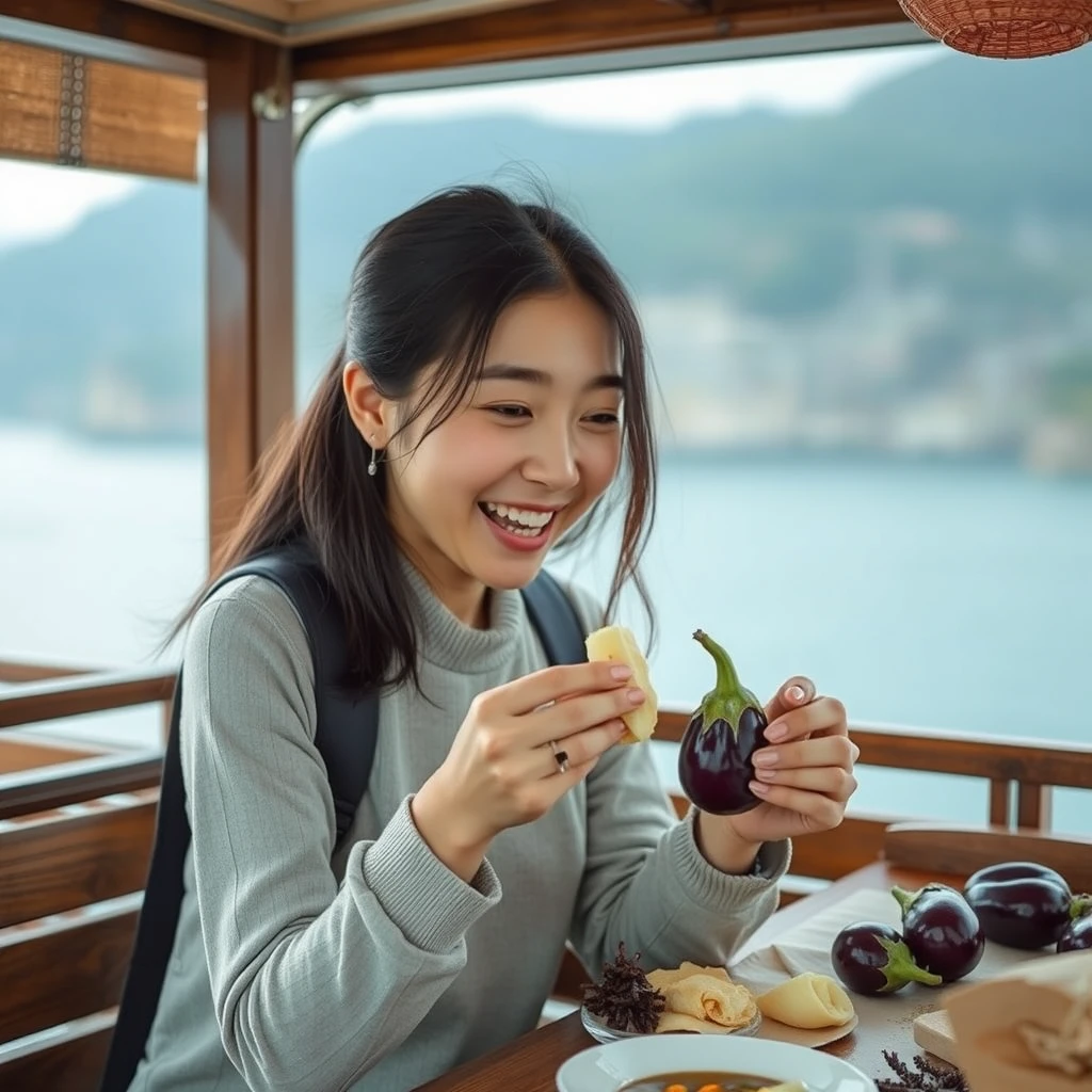 "Korean young woman eating eggplant, recording journey moments, good mood, soul relaxation, Cheung Chau Island adventure, photorealistic style."