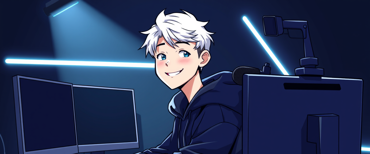 Image resembling a drawing of a boy with white hair, smiling in a black hoodie, in a gamer setup with spotlights in front, looking at two monitors with black screens in a black room with few white neon lights, with one podcast-style microphone and one camera on top of a monitor to his right side.