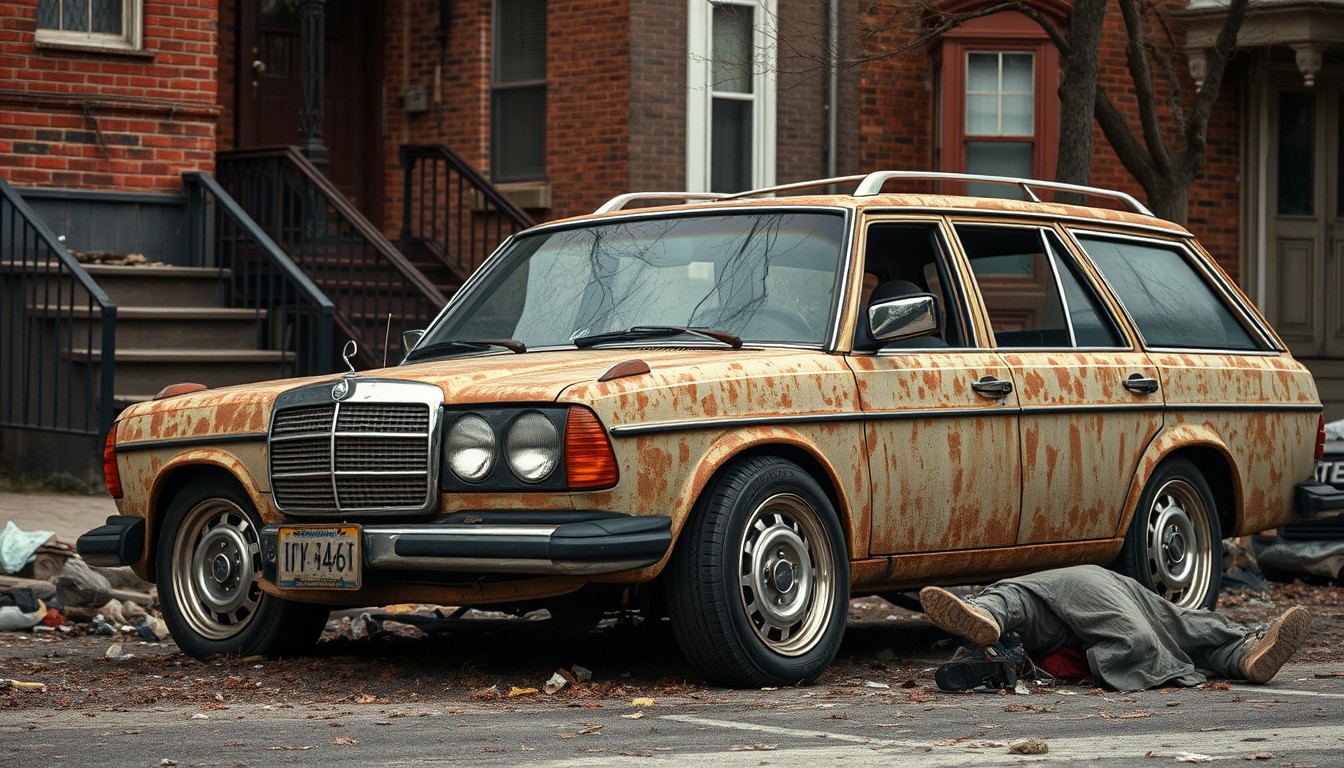 rusty 124 mercedes wagon with big chrome rims, old grain photo style, baltimore city street, garbage, abandoned houses, drunk homeless on the ground - Image