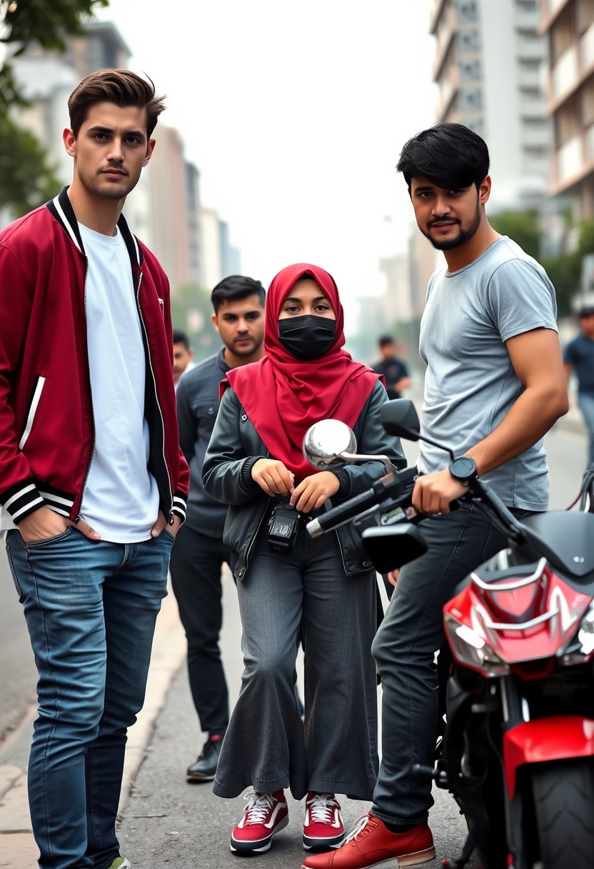 Jamie Dornan and Freddie Prinze, head and body shot, handsome, young, serious face, dark brown hair, white T-shirt, college jacket, skinny jeans, sneakers, standing, discussing with two guys and a short, slim Muslim girl in a red hijab, beautiful eyes, black face mask, black leather jacket, grey long T-shirt, bell-bottom jeans, red sneakers, holding a Canon DSLR camera, near a town road, superbike, hyper-realistic, street photography, full body photo, with three other random strangers in the background. - Image