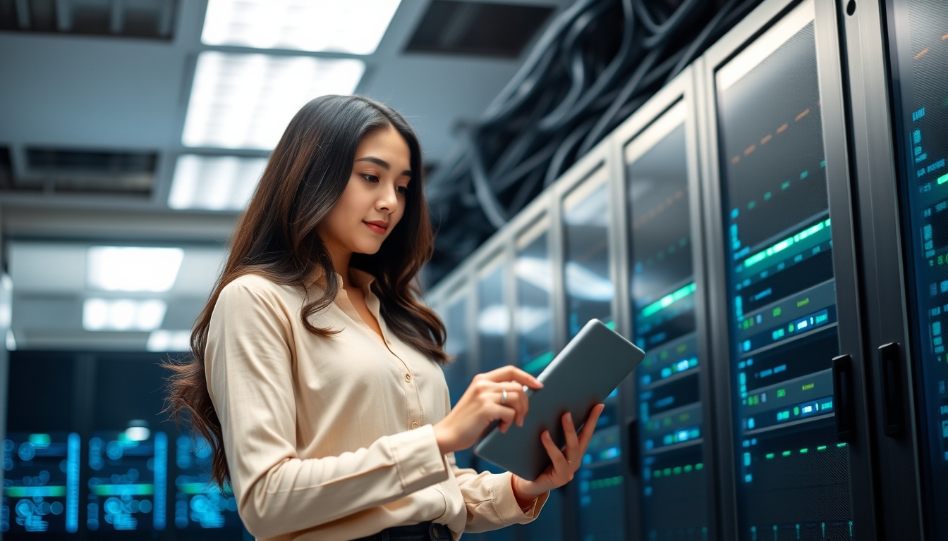 A young woman is standing in a modern server room with a tablet computer, checking data storage operations and server functionality for business IT infrastructure and big data management. - Image