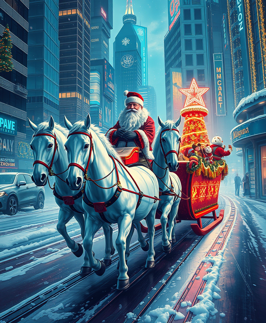 Russian Snow Grandfather rides a festive sleigh, pulled by three white horses through a futuristic cyberpunk city decorated with Christmas lights, art by Vladimir Zarubin. - Image