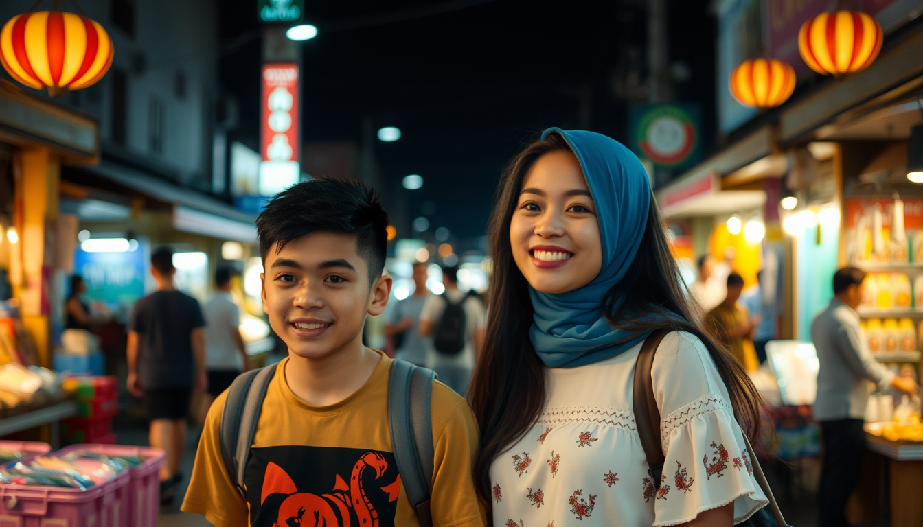 A very handsome boy and a very beautiful girl are walking in the night market in Cianjur. - Image