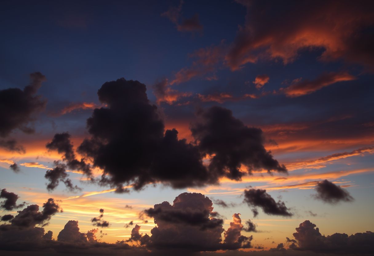 Dramatic, fiery sunset, clouds, silhouettes, high quality, photorealistic, evening sky, reflection, serene, seashells.