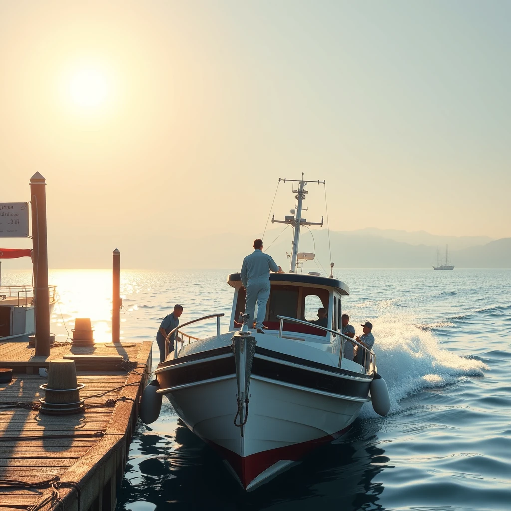 The morning sun bathes the dock in its gentle light, where a small boat quietly rests at its berth. The crew members are busily preparing for the voyage, their movements precise and powerful, each action a testament to their respect for the sea and their skilled craftsmanship. The captain, standing strong at the prow, fixes his determined gaze upon the horizon. As the engine roars to life, the boat slowly departs the dock, setting its course for the distant Cheung Chau Island. The sea breeze is fierce, filling the sails and propelling the vessel forward with steady resolve through the waves. This may be a simple journey, but it is filled with the spirit of exploring the unknown and a profound respect for the natural world. Cheung Chau Island Hong Kong, high-definition, Pixar style. - Image