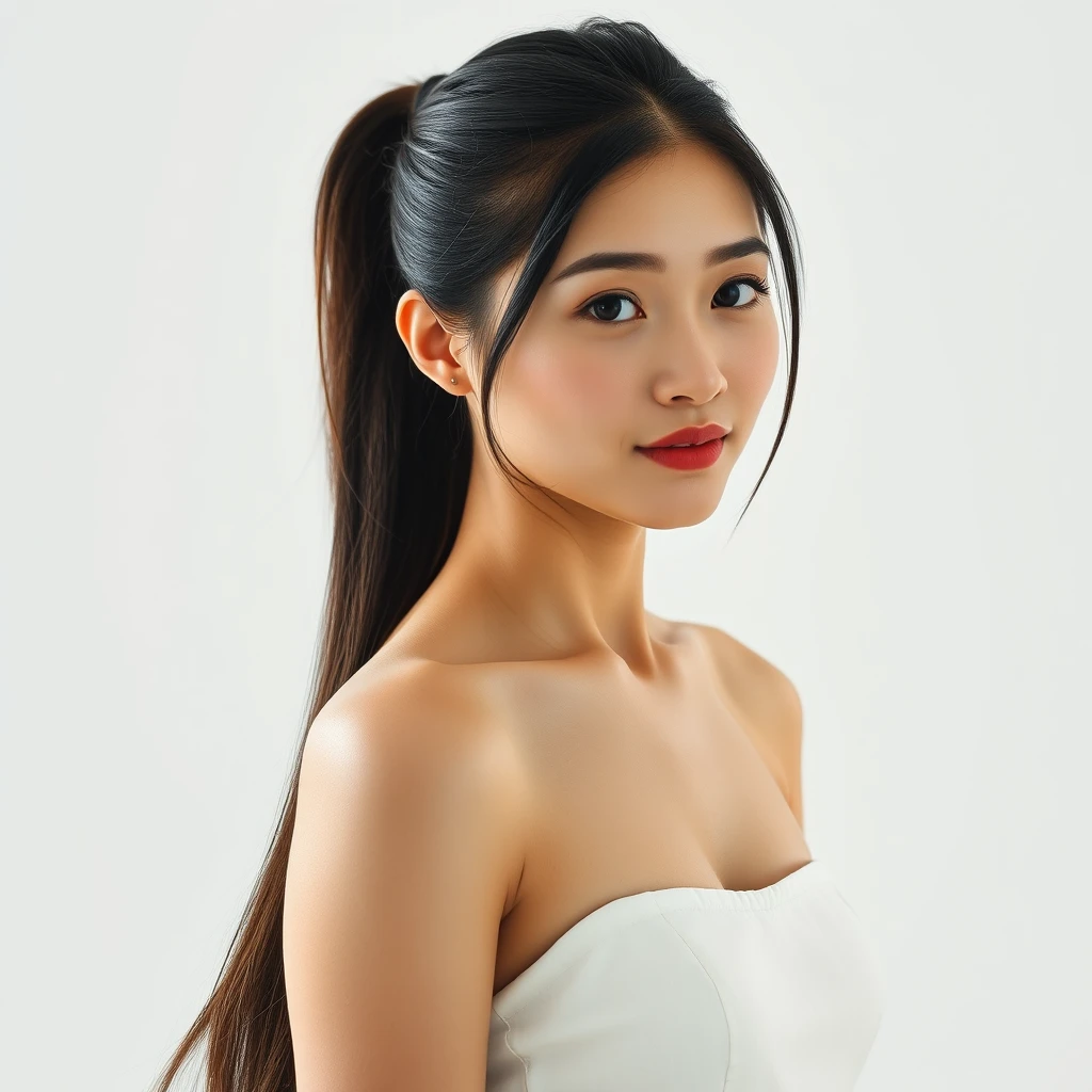 Create a real photo in a realistic photo style, depicting a 27-year-old Asian woman with her hair tied into a ponytail, her beautiful body, and indoor lighting, creating an atmosphere of maturity and confidence. Make sure to capture her unique and alluring qualities in a way that accentuates her long hair. Wearing a simple dress, light makeup, pure white background, full body photo.