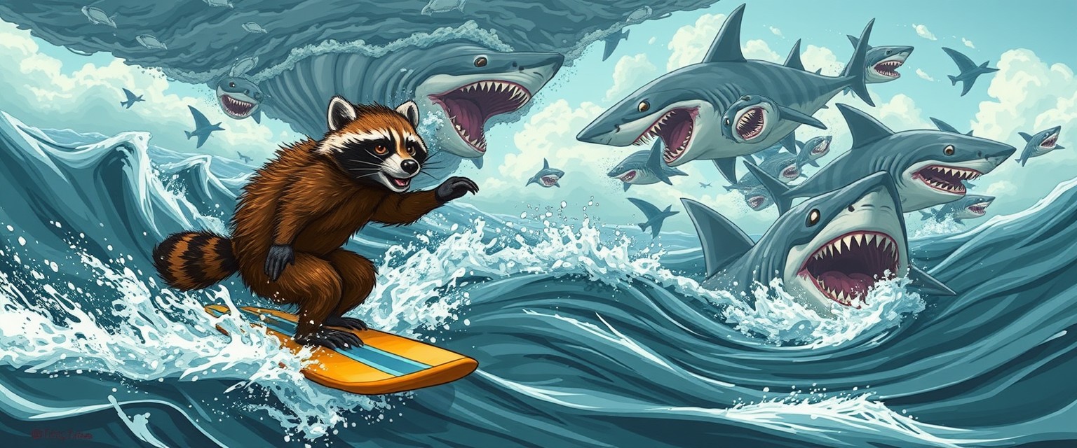 Realistic illustration of a raccoon surfing while fleeing from a tornado of sharks.