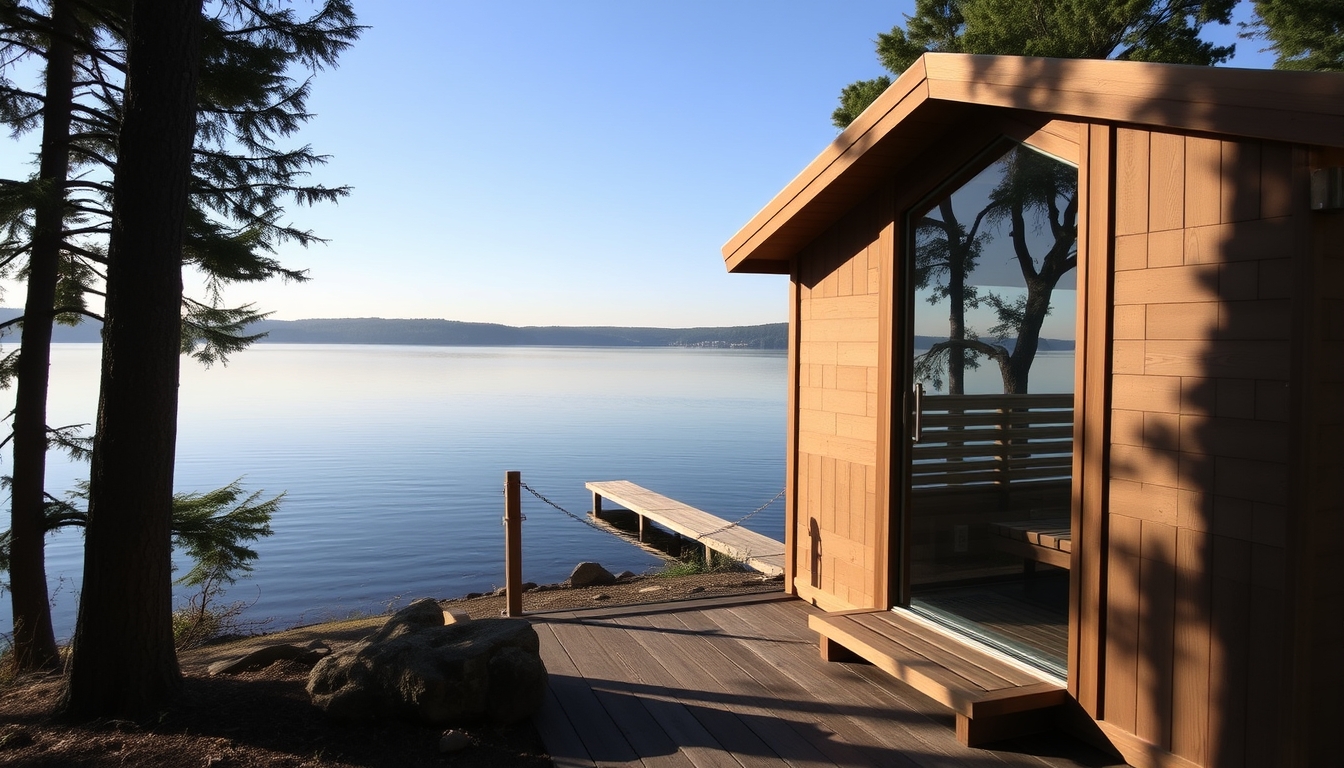 A peaceful lakeside retreat with a glass-fronted sauna overlooking the water.