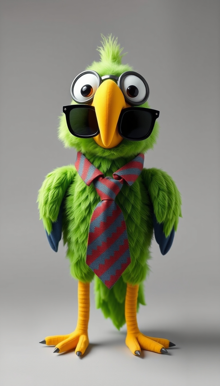 Create a design for a stuffed parrot puppet. The puppet should be colorful and have a fun, friendly look, with exaggerated, expressive features. The parrot should have bright green feathers, a large, yellow beak, and big, expressive eyes. It should wear a distinctive accessory, such as a quirky tie or big, comical sunglasses. Add details such as movable wings and bendable legs for easy manipulation.