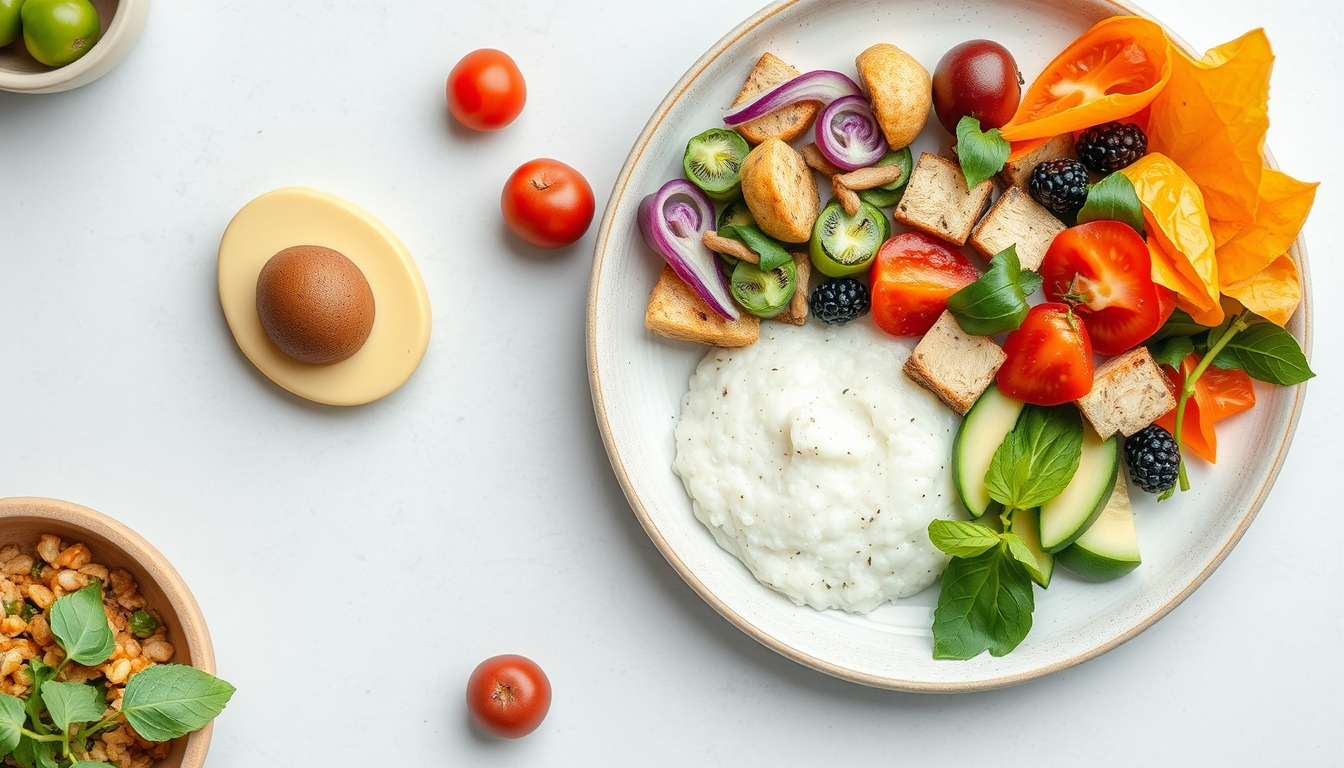 A beautifully composed shot of a healthy, plant-based meal, with vibrant colors and fresh ingredients arranged on a ceramic plate.