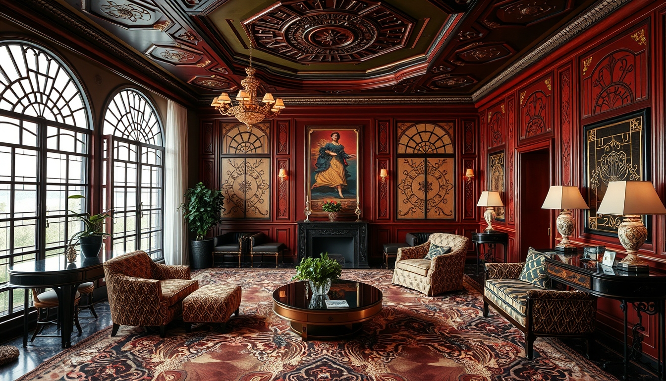 An interior scene of a luxurious room with Art Deco furniture, rich color palettes, and intricate geometric patterns. - Image