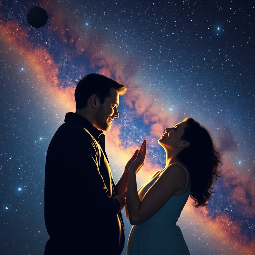 A man and woman confessing their love in the vast universe. - Image