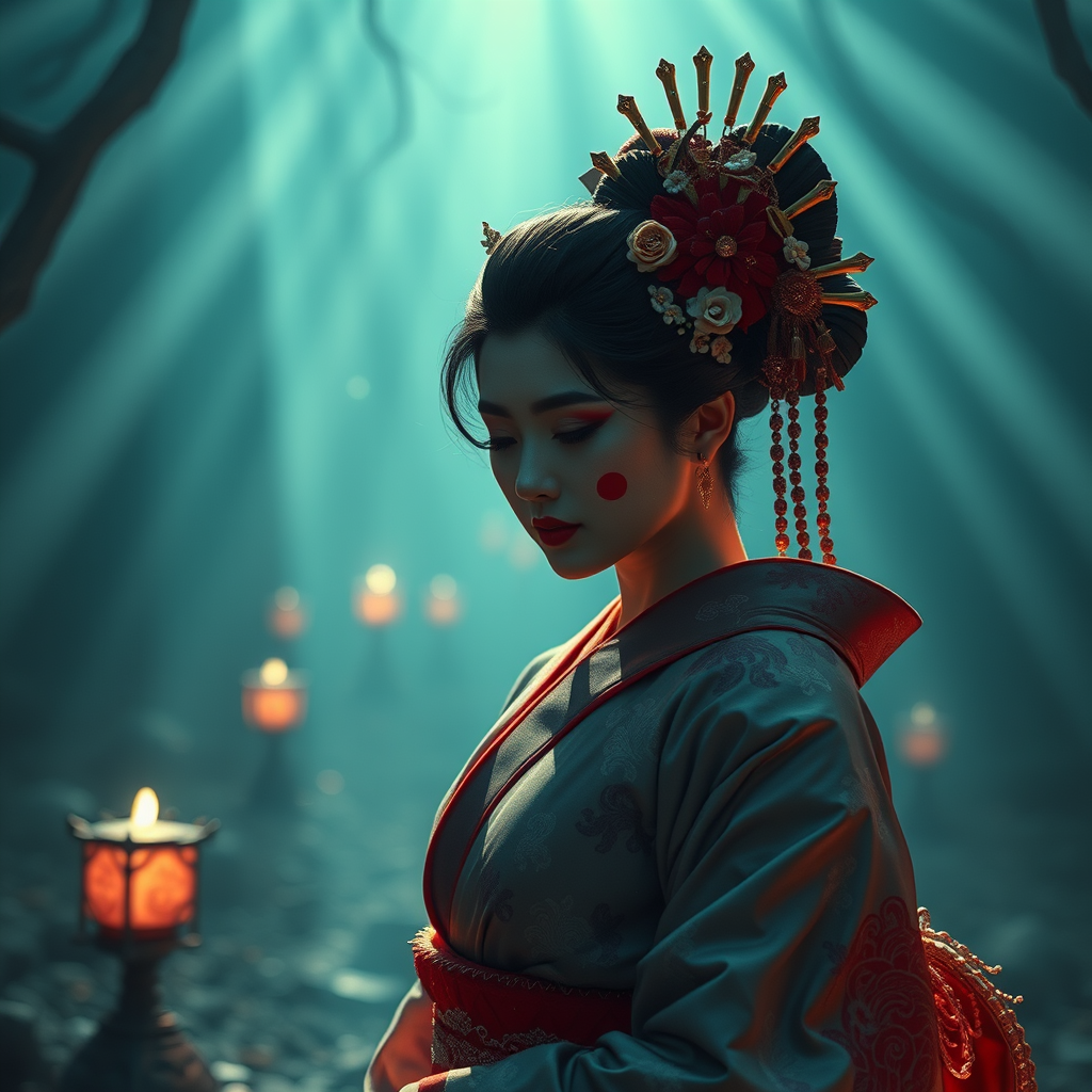 Peculiar environment with god rays, geisha dancer, 8K resolution, Blender, close-up. - Image