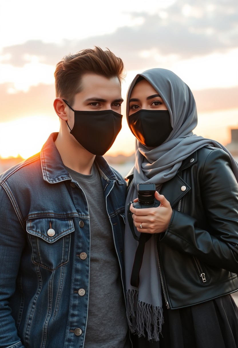 Jamie Dornan's head and body shot, handsome, black face mask, denim jacket, jeans, dating, love couple, with the biggest grey hijab Muslim girl, black face mask, beautiful eyes, black leather jacket, biggest skirt, taking picture, DSLR Canon camera, sunset, hyper-realistic, street photography.