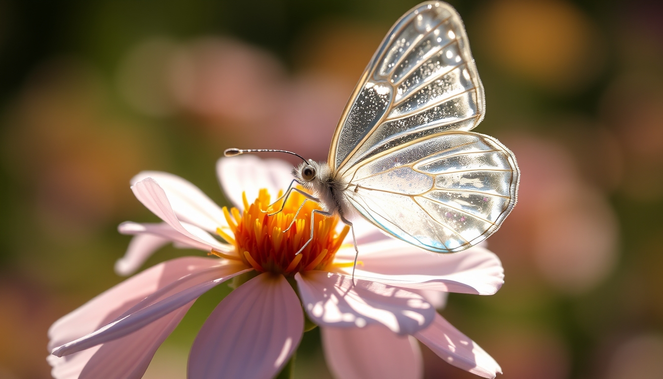 A delicate glass butterfly perched on a blooming flower, catching the sunlight.