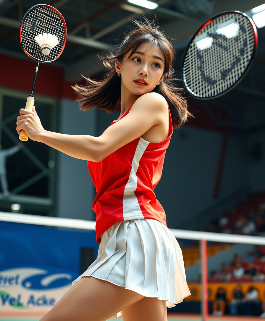 A detailed, realistic portrait of a young woman playing badminton in an indoor sports arena. The woman is wearing a bright red jersey and is mid-swing, her body in a dynamic, athletic pose as she focuses intently on the shuttlecock. The background is blurred, with glimpses of the court, net, and spectator stands visible. The lighting is natural and directional, creating shadows and highlights that accentuate the woman's features and muscular definition. The overall composition conveys a sense of energy, movement, and the intensity of the game. The image is highly detailed, with a photorealistic quality that captures the textures of the woman's clothing, skin, and the badminton equipment.
A woman with a beautiful face like a Japanese idol. She is wearing a white pleated skirt.

Badminton rackets and shuttlecocks with dynamic swings and motion blur. Depiction of the human body with a flawless persona. - Image