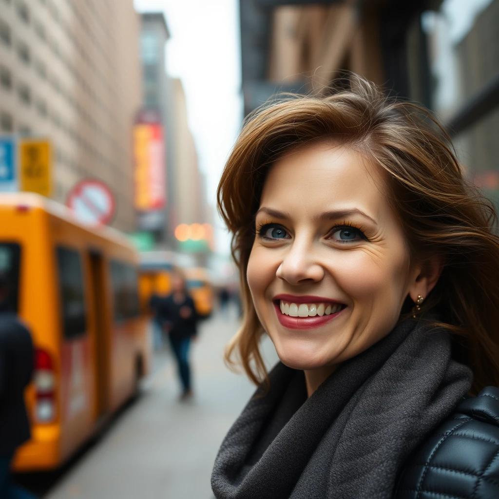 medium DOF, woman's face smiling while standing on the street in New York City - Image