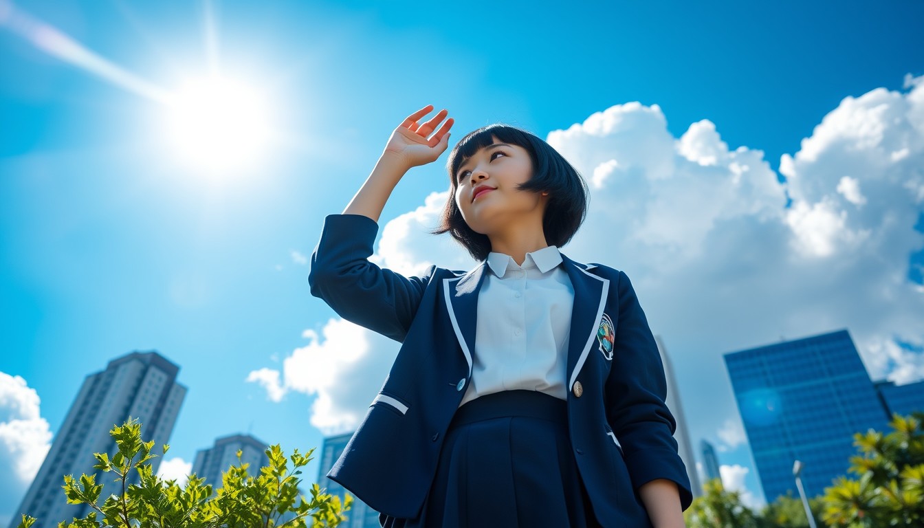 A Japanese high school girl with short black bob hair, wearing a traditional Japanese school uniform consisting of a white blouse, a navy blue skirt, and a navy blue blazer with a school emblem. She is standing outdoors under a bright blue sky with large, fluffy white clouds. The background includes a cityscape with modern high-rise buildings. The composition captures her from a low angle, emphasizing the vast sky and clouds behind her. The sun is visible in the upper left corner, creating a strong lens flare effect. The girl is looking up and slightly to the side with a serene expression. She is not holding anything above her head. The lighting is bright and creates high contrast, typical of a sunny summer day. Some green foliage is visible in the foreground, likely from trees or bushes. The overall scene has a crisp, clean aesthetic with vivid colors, capturing the essence of a bright, clear day in an urban environment. - Image