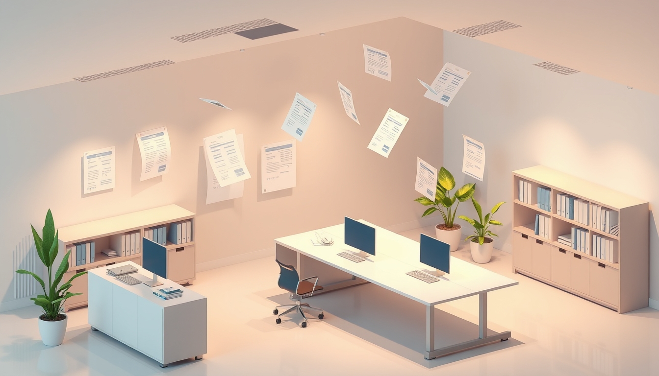 Modern Isometric Office Space with Floating Financial Documents in Soft Tones - Image