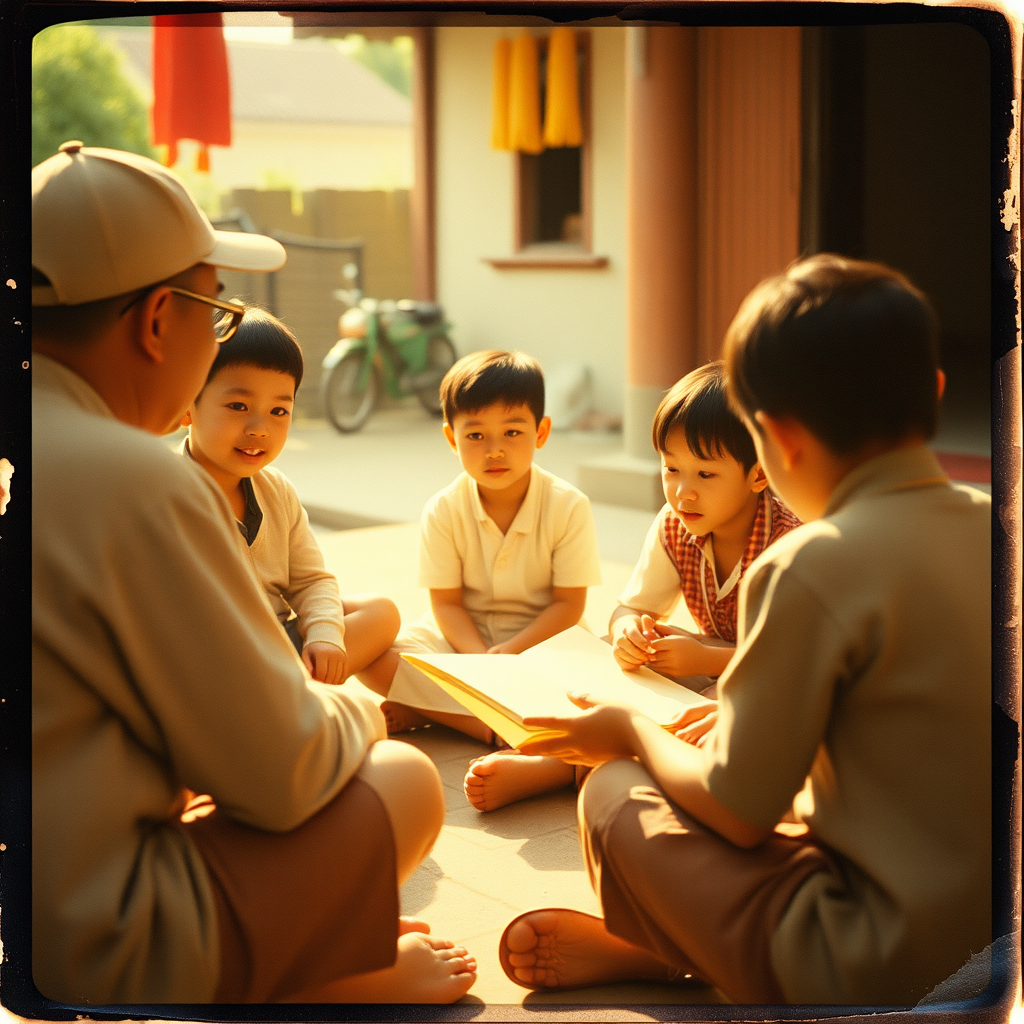 China in the 1980s. Children sitting in a circle, listening to their elders telling ancient stories. Summer. Ultra-detailed portrait. Grainy film with light leaks. Polaroid photo with slightly peeling edges. - Image