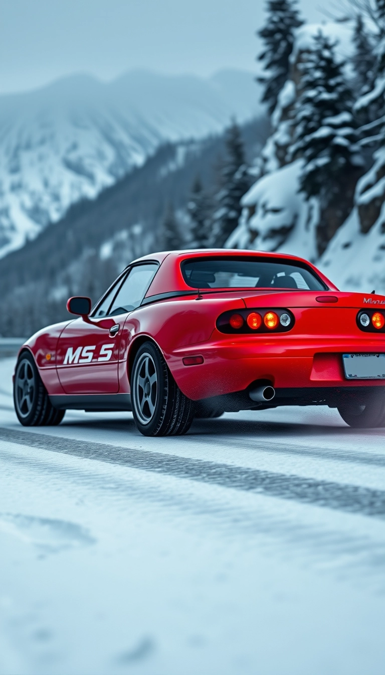 Create an image of a red 1991 Mazda mx5 drifting on a snowy mountain road. Remove the number plate of the car.