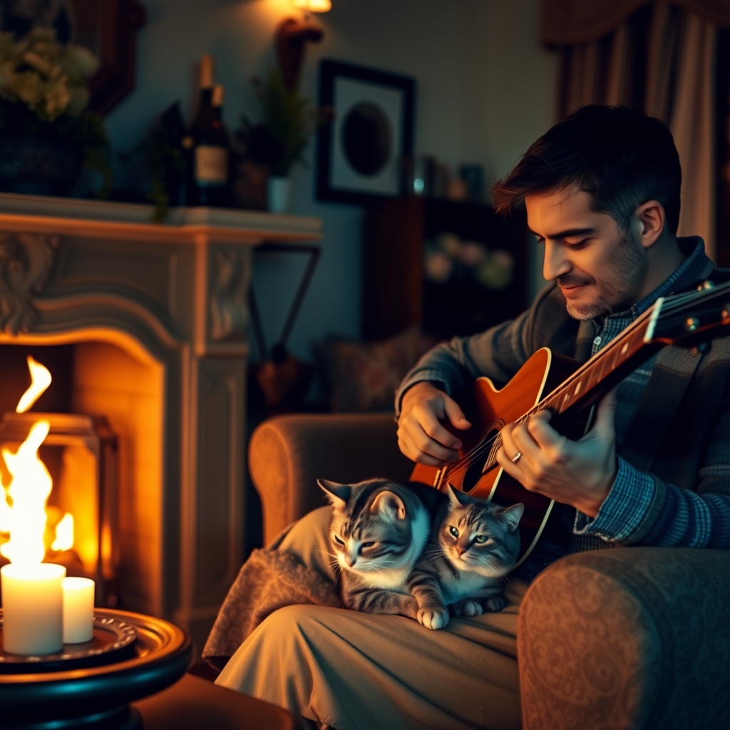 At night, the living room, decorated in European style, is softly lit. The flames in the fireplace gently flicker, reflecting on the faces of the male and female protagonists, adding a touch of warmth. A silver tabby cat curls up on the woman's lap, occasionally emitting a satisfied purr. The man picks up a guitar beside him and gently strums a melody, while the woman softly hums along with the music. This home is filled with love and harmony, a warm haven.