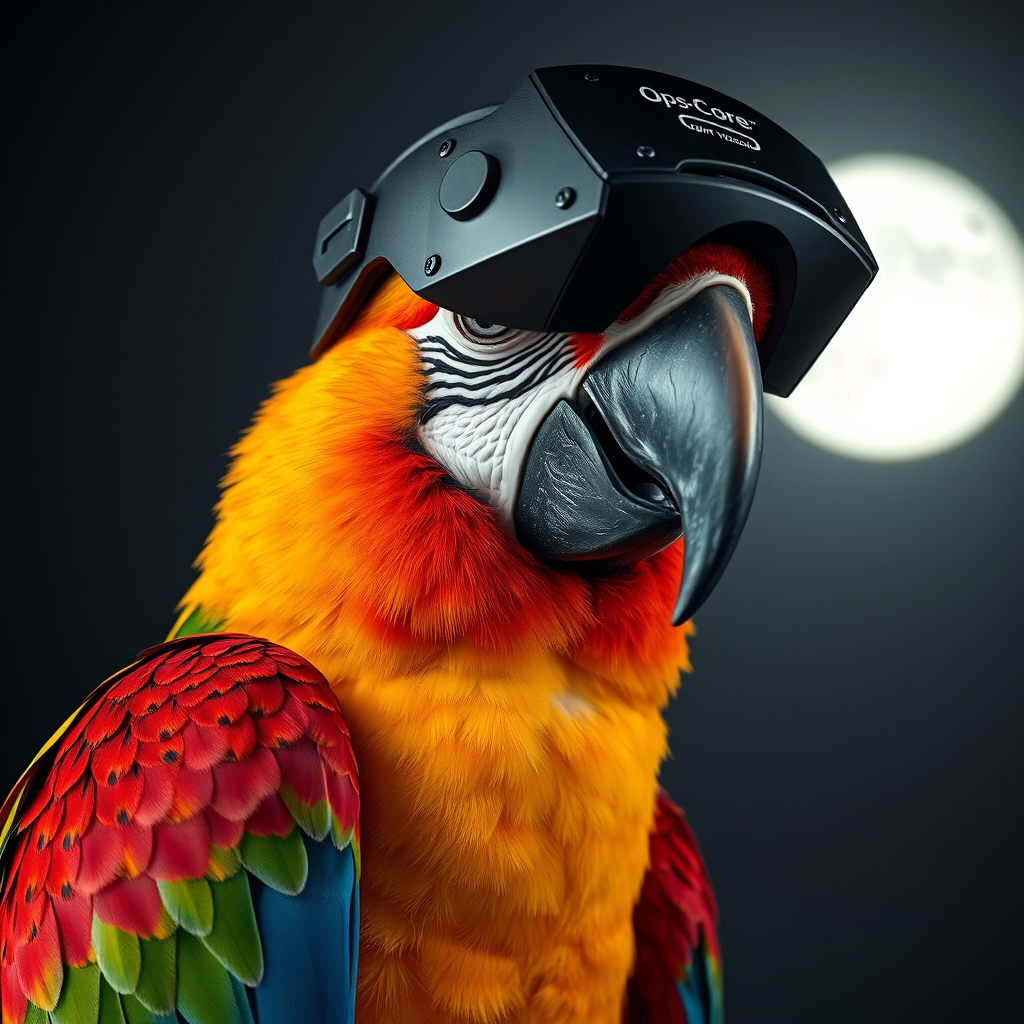 Portrait of a colorful parrot, full body view, wearing an Ops-Core helmet, GPNVG18 night vision, bright moonlight, 4K, facing the camera.