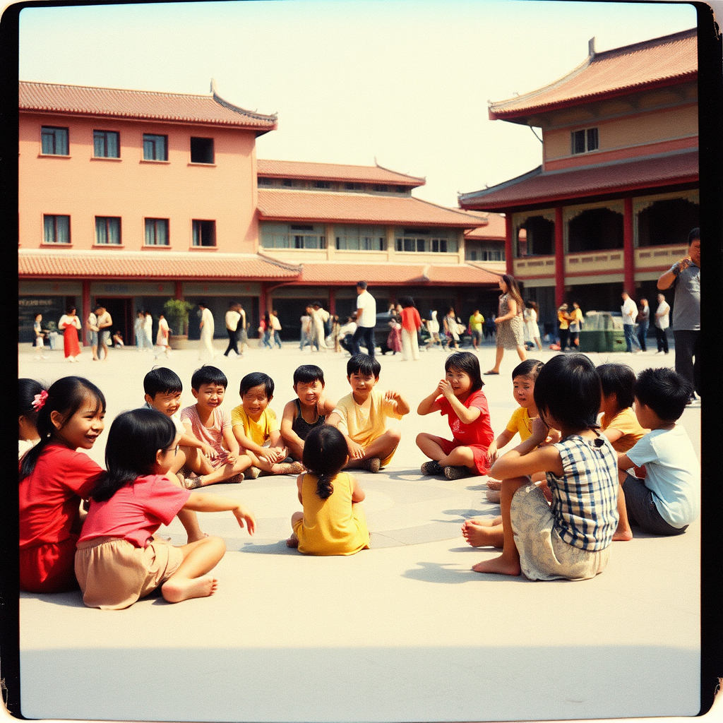 China in the 1980s. Children sitting in a circle and dancing in the square. Summer. Ultra-detailed portrait. Grainy film with light leaks. Polaroid photo with slightly peeling edges.