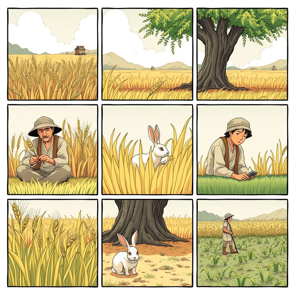 The image style is "cyberpunk," featuring an ancient farmer in a nine cell. 
The characters in each scene will all use the same farmer, ensuring that the face shape and clothing remain consistent throughout.
cell one is The farmer is harvesting wheat.
cell two is The farmer is sitting under a tree, a rabbit is rushing. 
cell three is The rabbit is lying on the ground.
cell four is the farmer sits under the tree.
cell five is the farmer sighs while sitting under the tree. 
cell six is the farmer stares blankly at the sky.
cell seven is the crops have withered. 
cell eight is the farmer is planting seeds in the field.