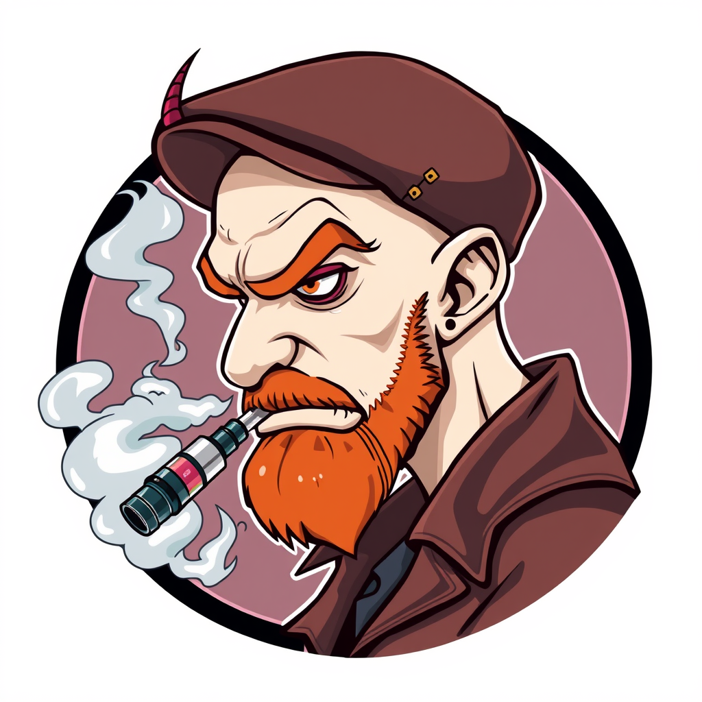 Three-quarter view cartoon demonized white human male, bald with short ginger beard, wearing a vintage flatcap. He's exhaling vapor clouds from a sleek vapemod, dripping with vibrant e-liquids. Set in a circular logo design, featuring gothic elements and a smoky, mischievous atmosphere.