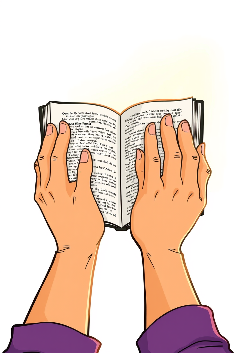 Depict a close-up of a person's hands holding an open Bible, with light shining on the pages. Cartoon style, thick lines, low details, no shading. - Image