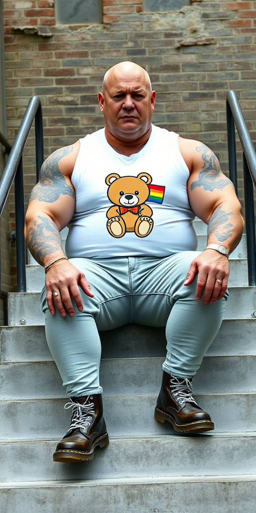 A towering, muscular 60-year-old skinhead sits confidently on concrete stairs, his gleaming bald head contrasting with his light skin. Clad in a striking white graphic t-shirt with a logo of a teddy bear holding a gay flag, tattooed arms flex beneath the sleeveless fabric. Tight bleached denim trousers highlight his powerful legs, complemented by knee-high Dr. Martens boots with white laces. The rugged brick wall and metal handrails create an industrial backdrop, enhancing the imposing presence of this behemoth. - Image