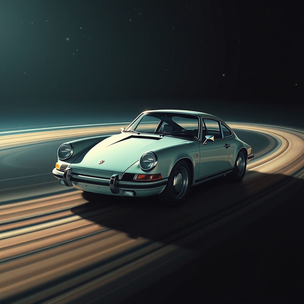 A hyper-realistic scene depicting an old Porsche 911 in colors of the space shuttle drifting across Saturn's rings with stars in the background.