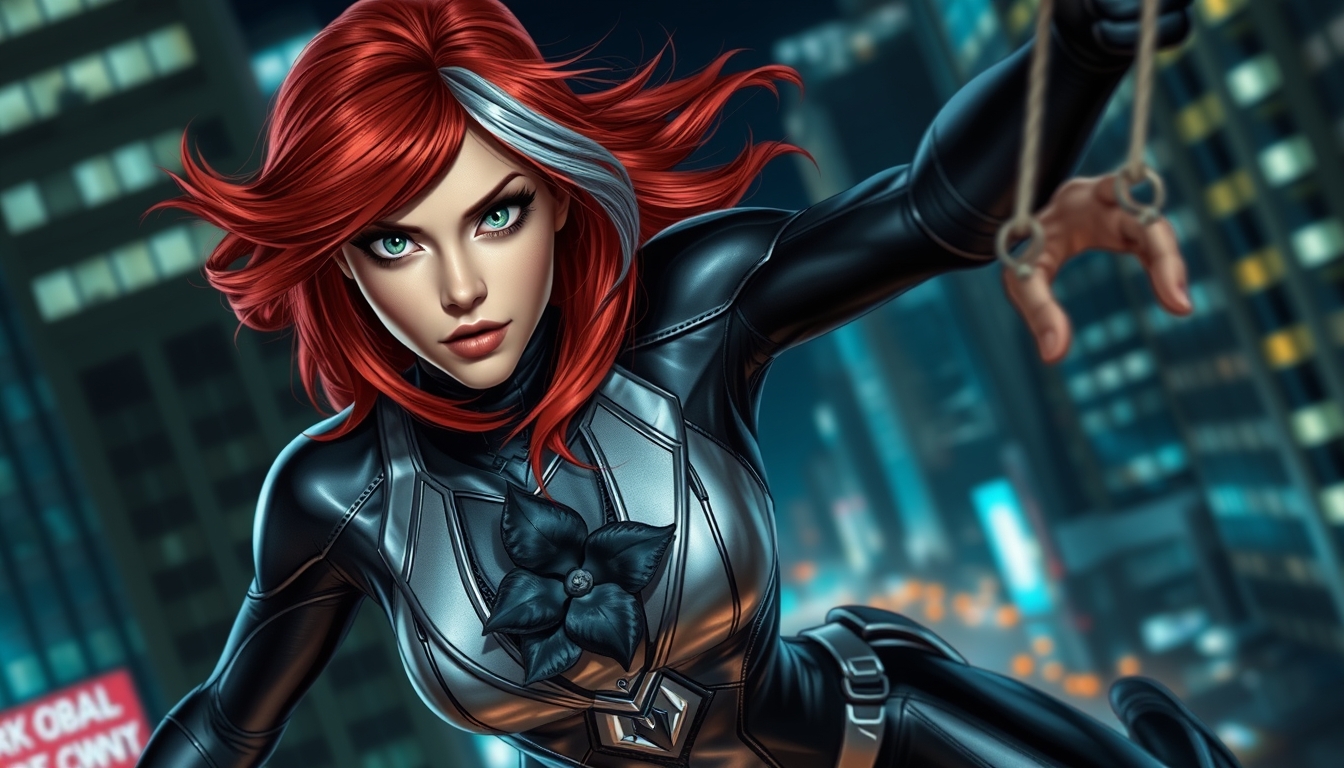 Redhead with a gray streak in her hair, green eyes, wearing a black and silver metallic spandex outfit with a black orchid embedded on her chest plate, swinging through the city at night in a dynamic fashion, real. - Image