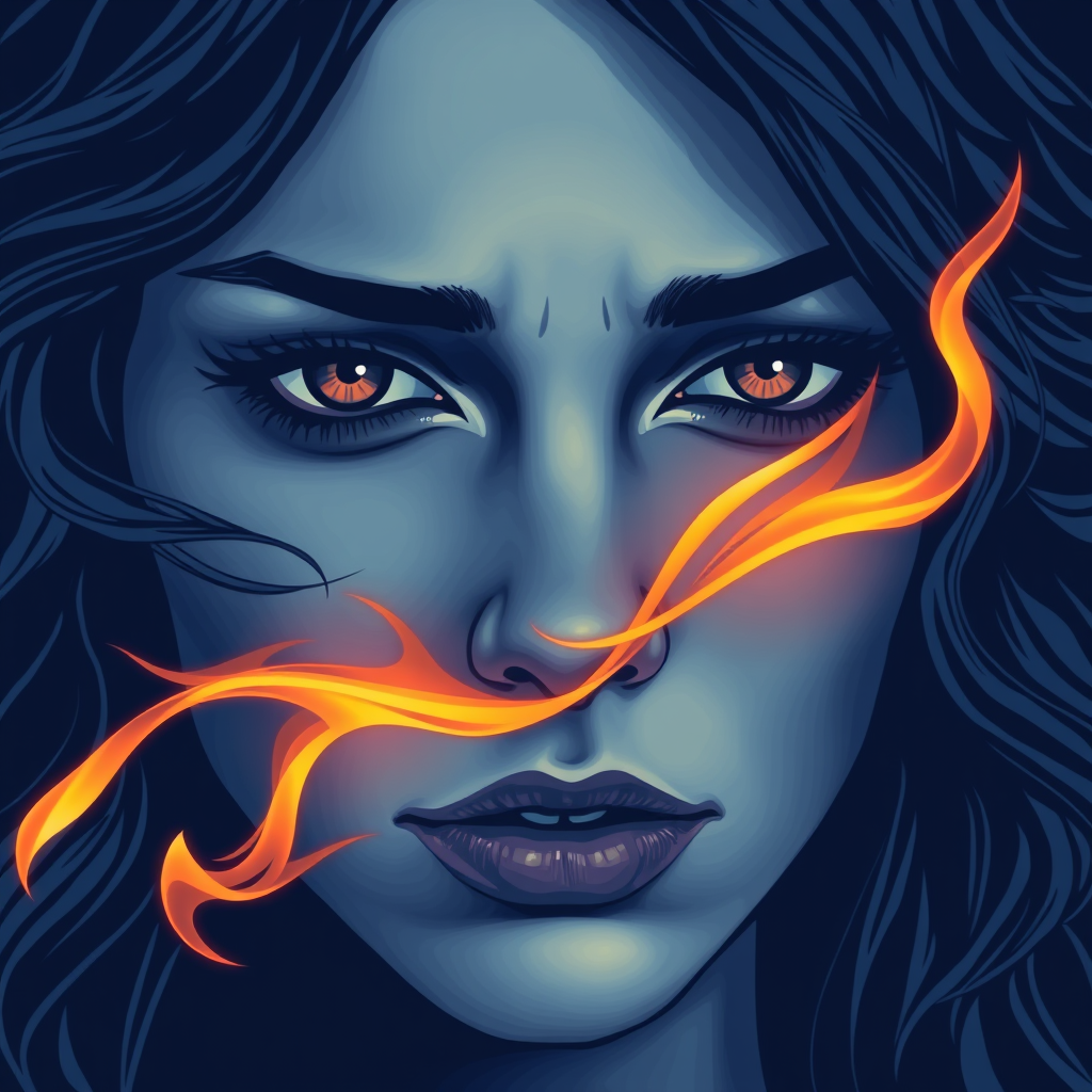 A tee shirt design of a close-up of a woman's face, inspired by the sun. Her expression is deep and soulful, reflecting both passion and sadness. Her eyes are intense and filled with emotion. The color palette is cool, featuring deep blues and purples, with a hint of warmth in her eyes. Whipping flames accent her face, blending seamlessly into the background, creating a contrast between the cool and warm tones. The overall feel is a harmonious blend of passion and melancholy, embodying the soulful essence of the sun. Transparent background. - Image