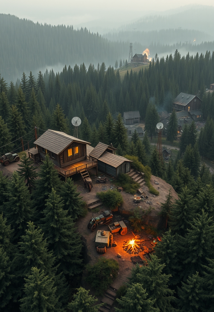 Photo realistic drone shot in a thick evergreen forest of a wooden outpost next to a cabin, a small campfire, a pile of rusty parts, some old motorbikes, an old armored vehicle, a wooden watchtower all on a large hill with satellite dishes next to a radio tower, all in a hilly landscape. There are yellow, orange, red and faint green glows emitting from the cabin and the outpost. In the distance, there's an old overgrown town with brick buildings that's barely visible, with only faint glows emitting from a few of the windows and a small campfire barely visible. Sprinkled in the distance are small and slightly hidden outposts, old structures, radio towers, shacks, and watchtowers. Faint explosions and gunshots in the far distance accompanied by many dogfighting warplanes and arrays of incoming bomber planes and tanks. The entire landscape is covered in a jungle of tall evergreen trees, with occasional wet gravel and rich dirt roads winding through. The weather is warm, rainy, and cozy under a cloudy sky with a post-apocalyptic atmosphere and retro liminal feeling to it. - Image