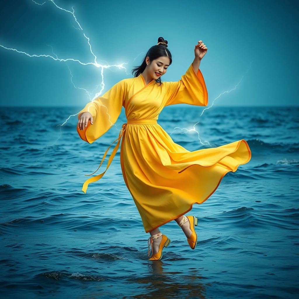 Korean woman dancing in a yellow traditional costume. Lightning and thunder, graceful and noble dance in the middle of the waving sea. Full shot, yellow traditional shoes, neatly tied black hair. White floral socks, agile movements. - Image